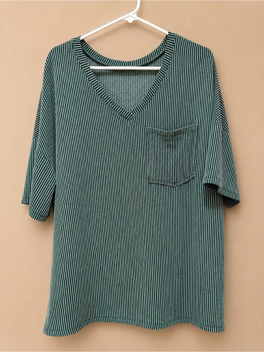 Relaxed V-Neck Pocket Tee in Green and White Stripes